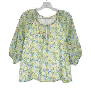A&F Floral Sheer Tunic Blouse Small Multicolor Puff Short Sleeve Tie Front Lined